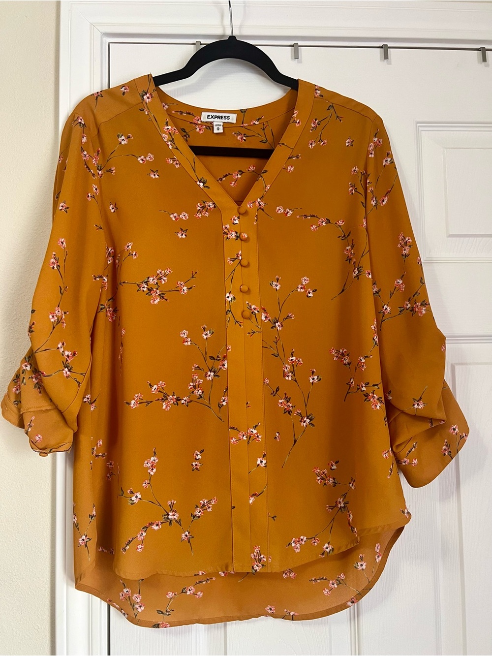Express Mustard Floral V‑Neck Button Front Blouse